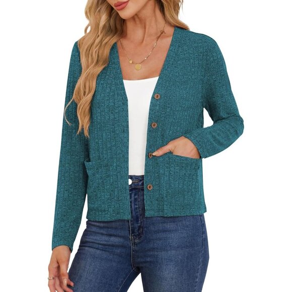 Sweaters - Women’s Cropped Light Sweater Cardigan Pockets Casual Wear Small